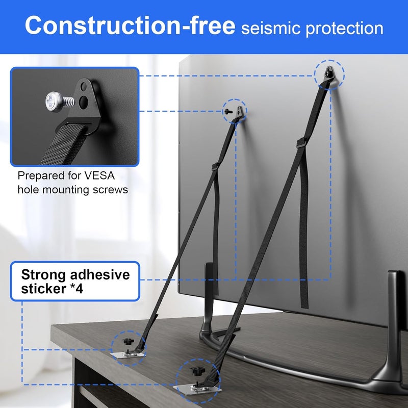 IMtKotW 2 Pcs Tv Safety Straps Adjustable,No Drill Anti Tip Furniture Anchors for Baby Proofing,Adhesive/Screw Fastening Type Furniture Wall Anchor, Earthquake Straps - Image 2